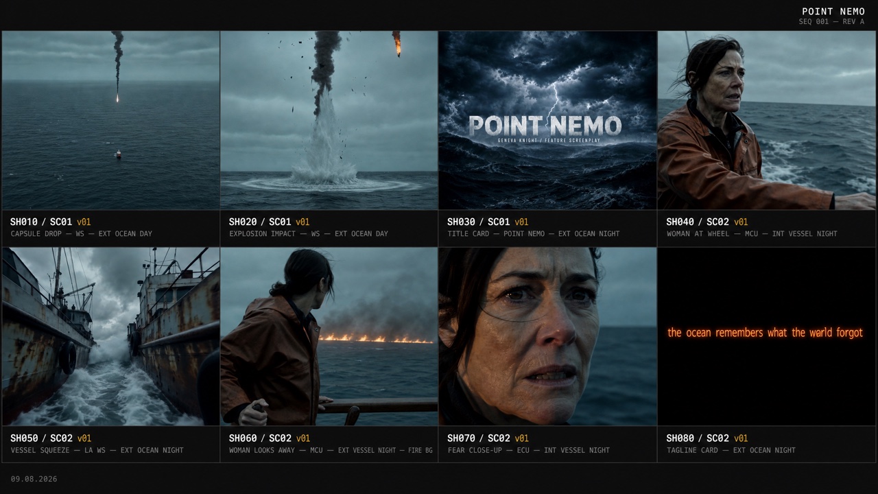 Eight-frame Point Nemo sequence board showing a capsule falling into the Pacific, its impact, storm seas, Gemma aboard the Kestrel, vessels colliding and fire across the horizon