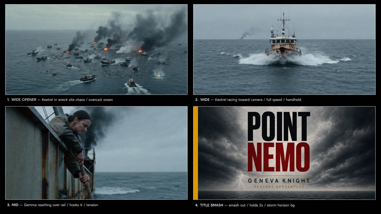 Four-panel Point Nemo sequence study showing the Kestrel entering a burning wreck field, racing through the ocean and Gemma working from its rail