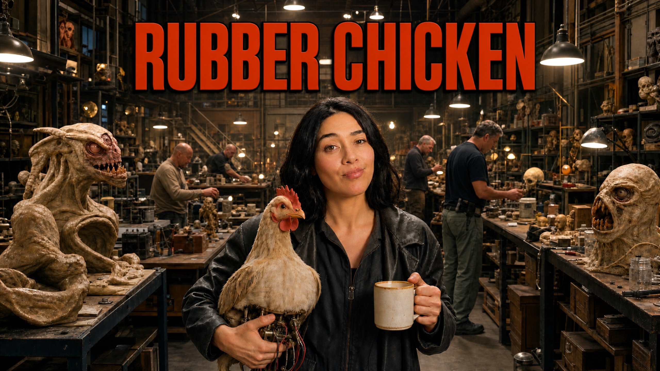 Rubber Chicken project artwork showing a bemused woman holding a mug and an animatronic chicken inside a crowded London creature-effects workshop